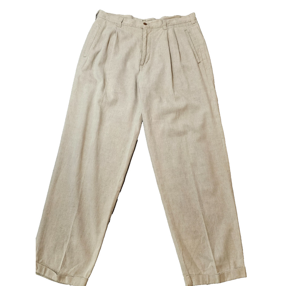 Chereskin Mens Tan Beige Cotten Linen Blend Cuffed Hem Pleated Front Pants 36X32